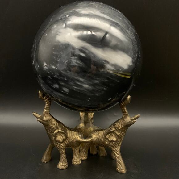 Vintage Other - Vintage Black Agate Sphere Orb Crystal with Brass Elephant Stand